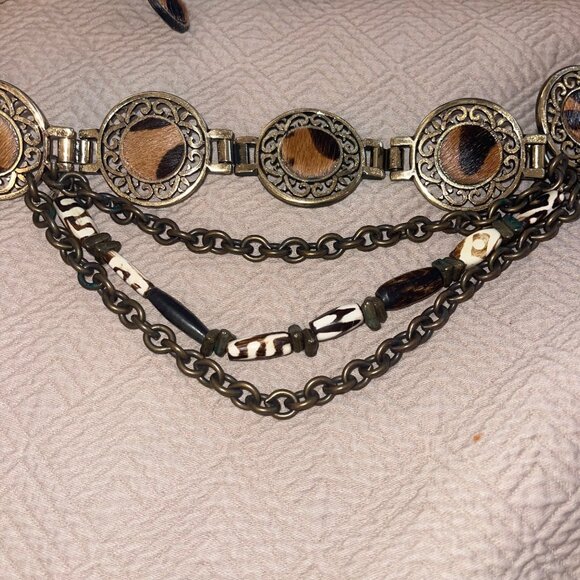 Streets Ahead Vintage Womens Belt Size Large Brown Pony Hair Brass Layered - Picture 14 of 16